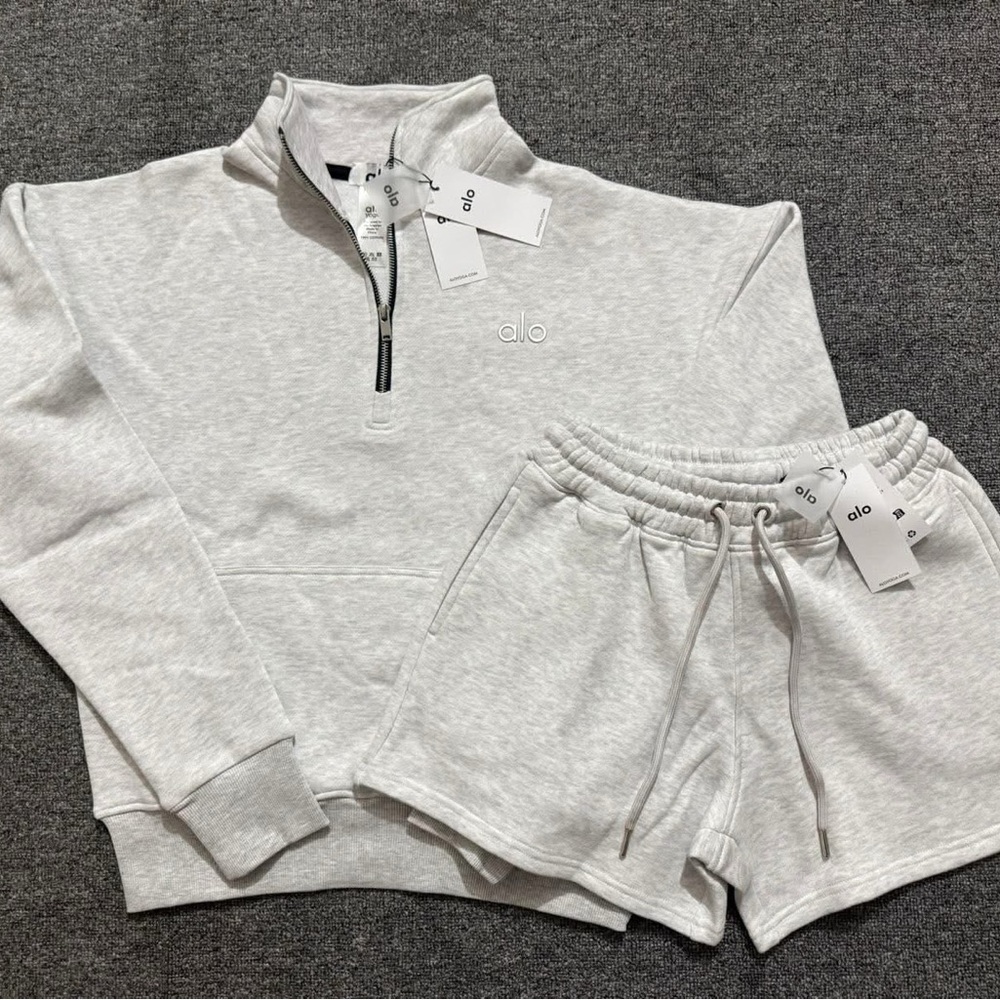 ALO Yoga Light Gray Half-Zip Sweatshirt & Drawstring Shorts Set